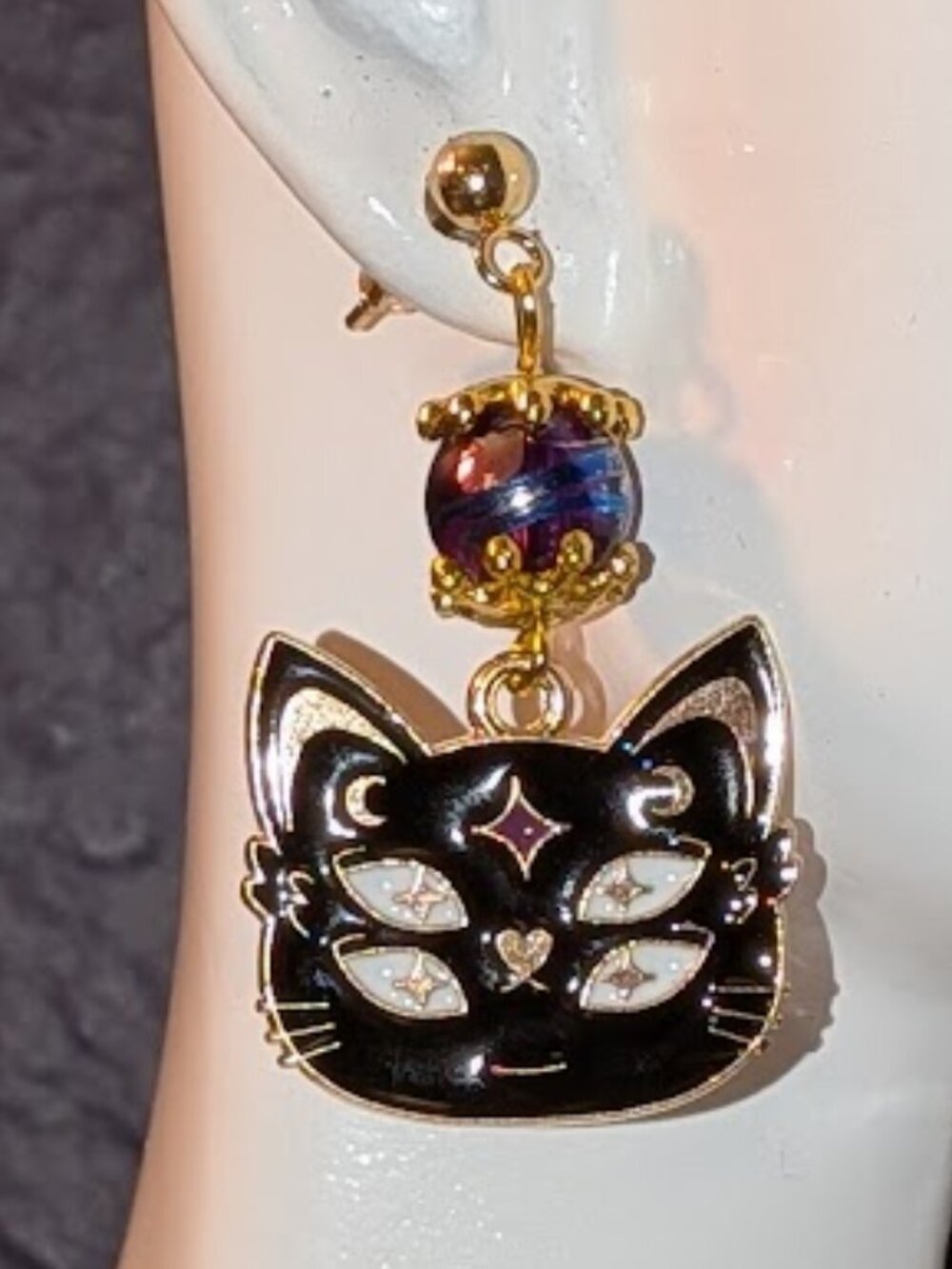 "Cosmic Cat" earrings w/ Indigo Swirl glass accents